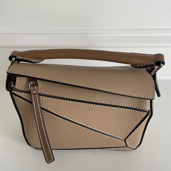 Mini Geo Panel Structured Bicolor Top Handle Bag - Taupe & Brown - Picture 7 of 13